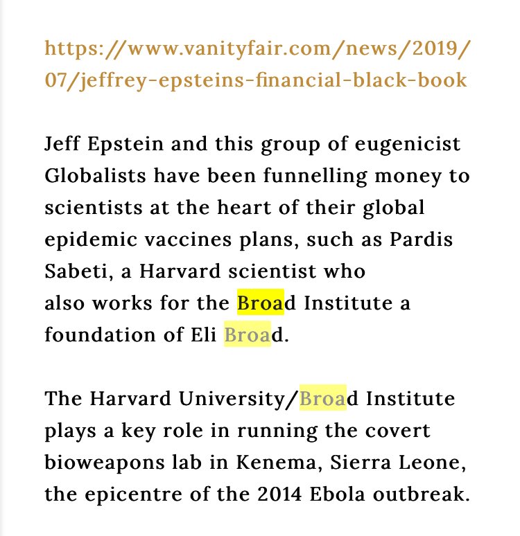 32/ ELI BROADAnother Big “Under the Radar” one...EPSTEIN TIESSOROS TIESPOPULATION CONTROLANTI-GUNDONATIONS TO HARVARD & MIT (Epstein connections) for Genomic ResearchWorks with Children Charities & helped build Walt Disney Concert Hall