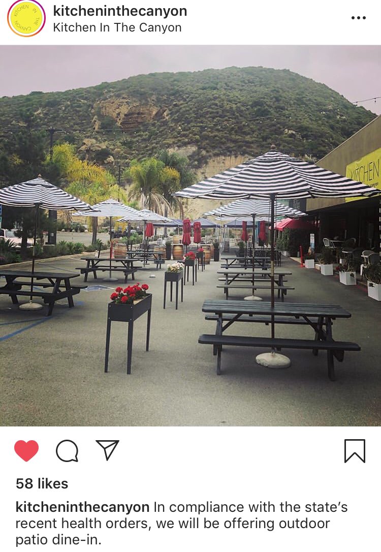 HearMeRoar53881's tweet photo. Flatten the curve and get creative with outdoor dining options. 👏🏻👏🏻👏🏻 Kitchen in the Canyon in #LagunaBeach #wearamask #oceats #shoplocal #shopsmall #eatoc https://t.co/P7pAwIglMc