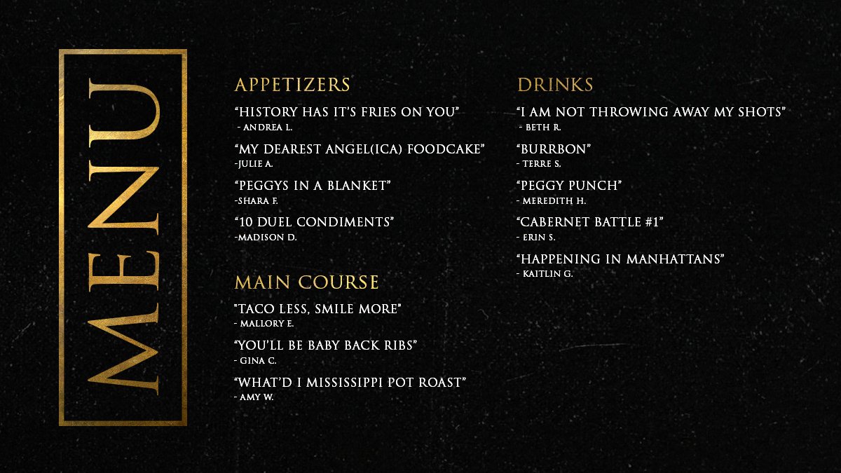 You arranged the menu, the venue, the seating! Here are some fan-inspired dishes for #TheLivingRoomWhereItHappens tomorrow! #Hamilfilm