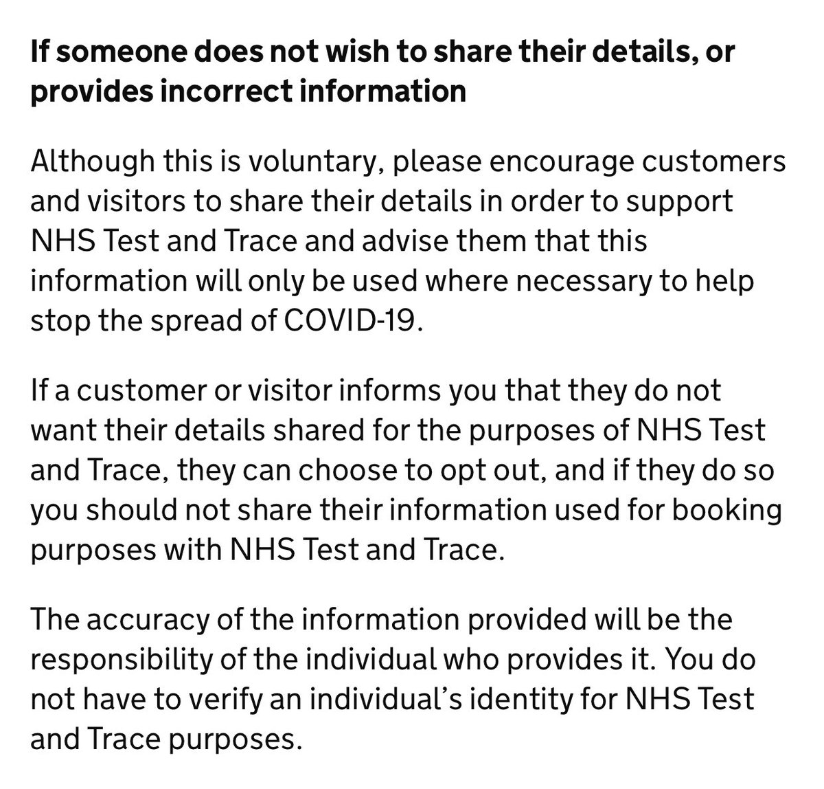 Quick question. Government wants you to give your name and phone number, to be passed to NHS Test and Trace in case of COVID-19 outbreak, when you go to pub, hairdresser, museum, cinema & other social venues. But this is not compulsory (see attached). Will you provide this info?