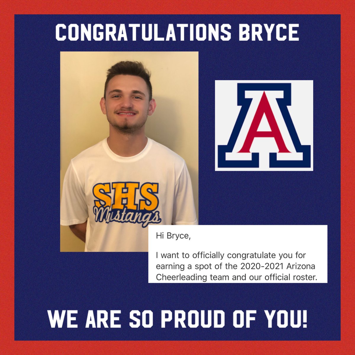 SahuaritaCheer's tweet photo. BIG NEWS!! Our own Bryce Williams has made the U of A Cheerleading Team! Go get them Bryce! @uarizona https://t.co/fe2BykO3S1