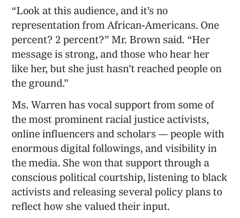 11) This speaks for itself and FYI, Liz finished 5th in South Carolina.  https://www.nytimes.com/2020/02/28/us/politics/elizabeth-warren-black-vote.html