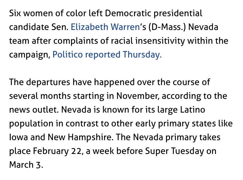 13) Liz did apologize to the staff who left but it was a little too late.  https://thehill.com/homenews/campaign/481939-women-of-color-leave-warren-campaign-in-nevada-report