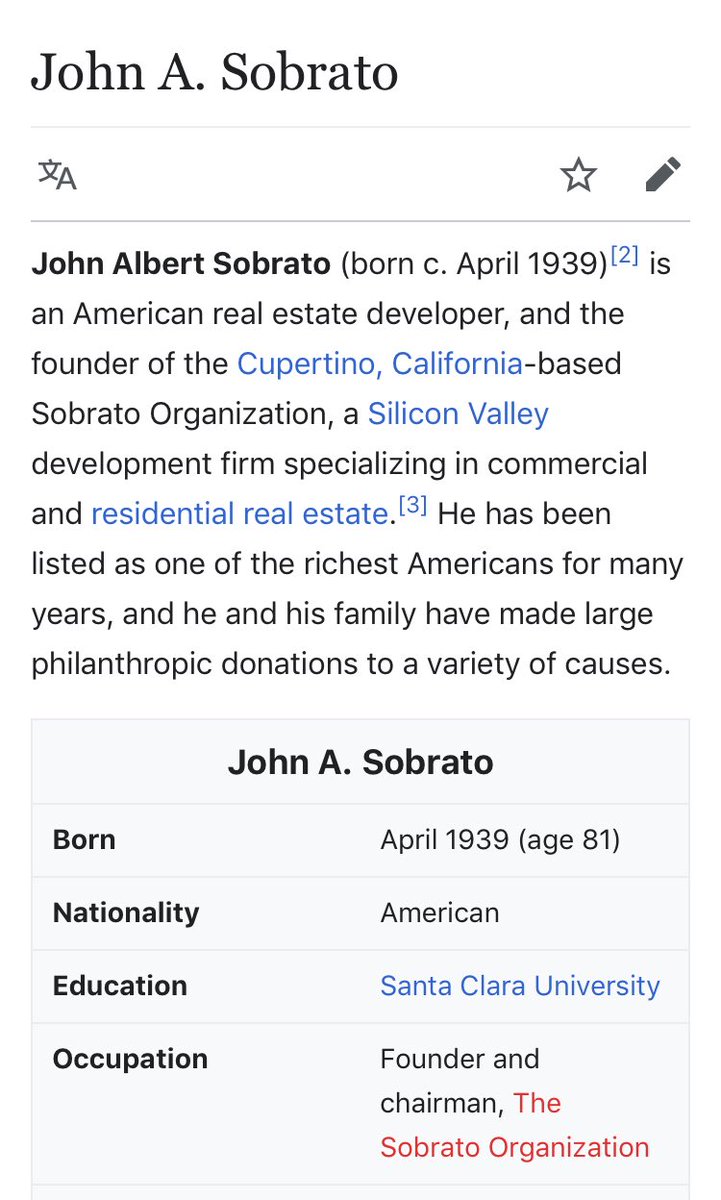 JOHN A. SOBRATOSilicon Valley Real Estate & Business MogulKeeps a low profile, but definitely a Dem supporter/financierSon is minor owner of 49ers (Krap-ernick)