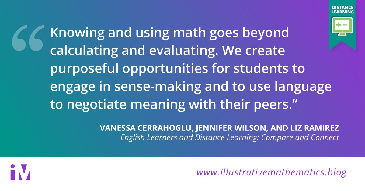 How can we cultivate an accessible, language-rich community of math learners online? Our blog series about distance learning + math language routines continues with “Compare &amp; Connect,” by <a href="/jwilson828/">Dr. Jennifer Wilson</a>, @mymathsoul, and Liz Ramirez. ow.ly/3CQE50AhQux #LearnWIthIM