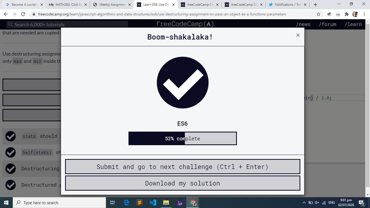 LoveWiz11's tweet image. Day 95
This challenge is really a problem for me with ES6, destructuring, etc. I guess I&apos;ll just have to read on it first before continuing the challenge... @freeCodeCamp 
#100DaysOfCode 
#CodetrainChallenge