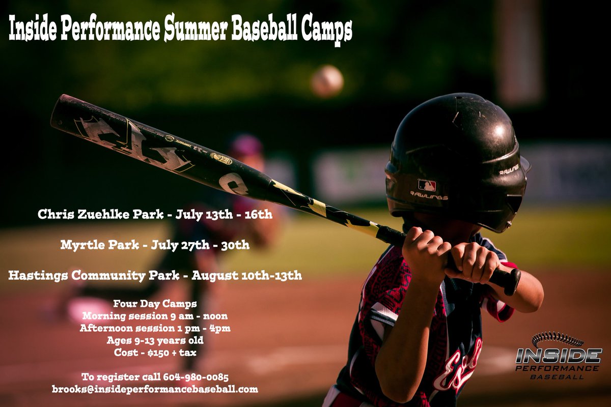 IPnorthvan's tweet photo. Summer Baseball Camps are back!! See our website for more info. Only 10 spots available in each half day camp. Sign up early $150+GST call 604.980.0085 or email brooks@insideperformancebaseball.com @northshoreball @MSLL_Baseball @HCLLVancouver https://t.co/VLmFOGq4Ai