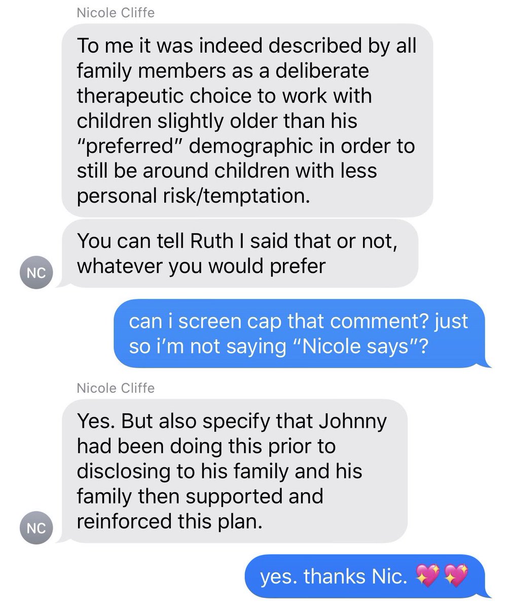 Why would he do this? In his conversation with with Danny and me, he mentioned that it was an effective TREATMENT for Johnny’s condition. He also gave that impression to Nicole Cliffe, a close friend of the Ortbergs who broke with them over this.