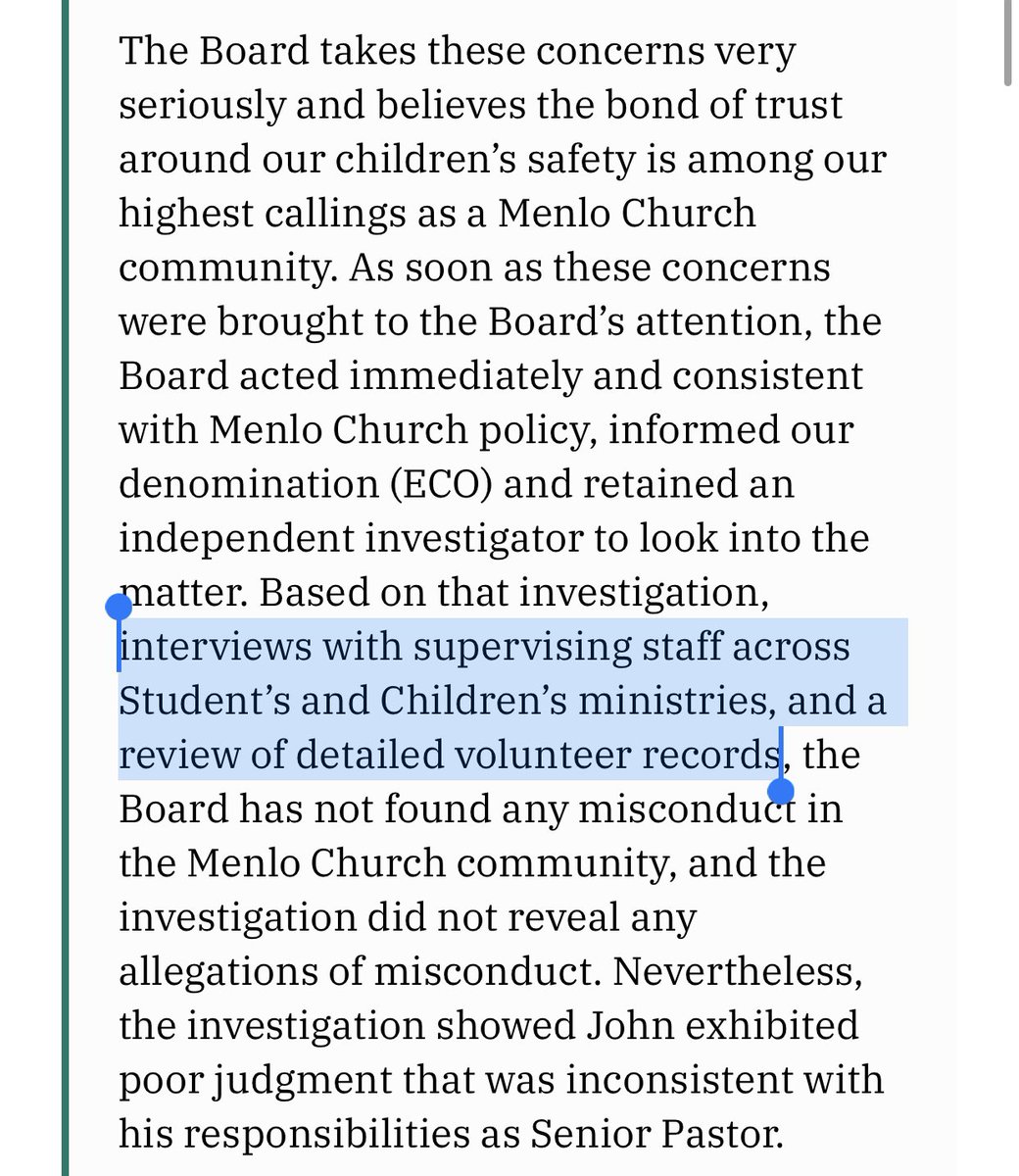 This remark is belied by Seabolt’s own statement. The “investigation” comprised “interviews with supervising staff across Student’s and Children’s ministries, and a review of detailed volunteer records.” They did not interview anyone ABOUT staff conduct, just staff themselves.