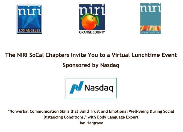 NIRI_LA's tweet photo. Join NIRI SoCal Chapters for a Virtual Lunchtime Event on July 9th! "Nonverbal Communication Skills that Build Trust and Emotional Well-Being During Social Distancing Conditions" https://t.co/98P5gwdBlA https://t.co/maQ9pXKL4A