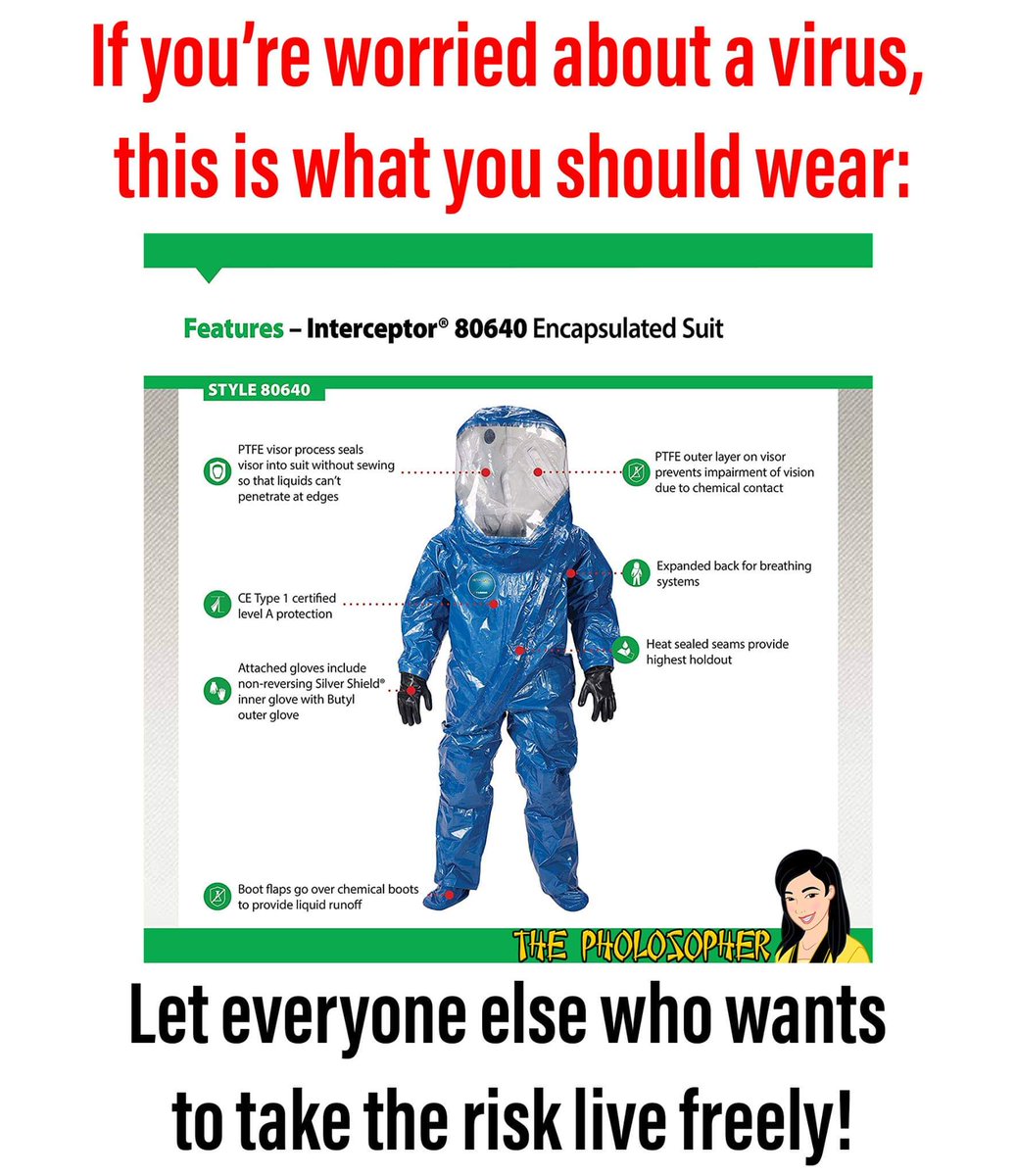 ThePholosopherX's tweet image. If you're worried, wear a suit.
Leave everyone else free to live their lives.
I'm tired of people putting their irrational fear onto others when they, as individuals, can control their own choices for their own risks and choose to wear protective gear.
#EndTheShutDownNow