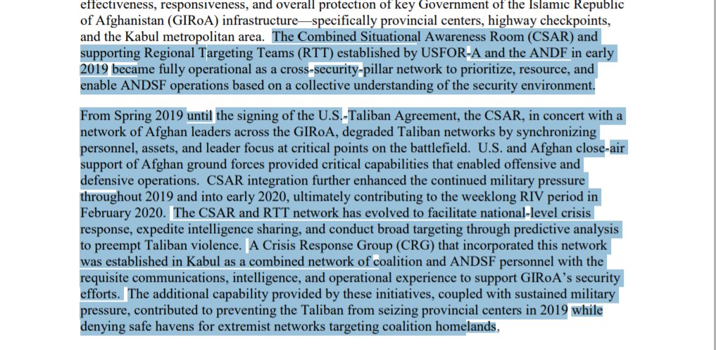 From this section I gather that US is still very much in the 'thick of things' in AFG. They are involved in planning to identify and target militants; in providing critical mass in key theatres; and in preventing major Taliban advances.