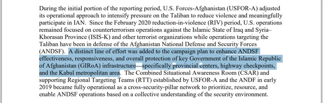 This section sheds some light on when US forces will engage Taliban in spite of the agreement. If provincial centres, highway checkpoints or the Kabul metropolitan areas are attacked then US engaged through CSAR or RTT.