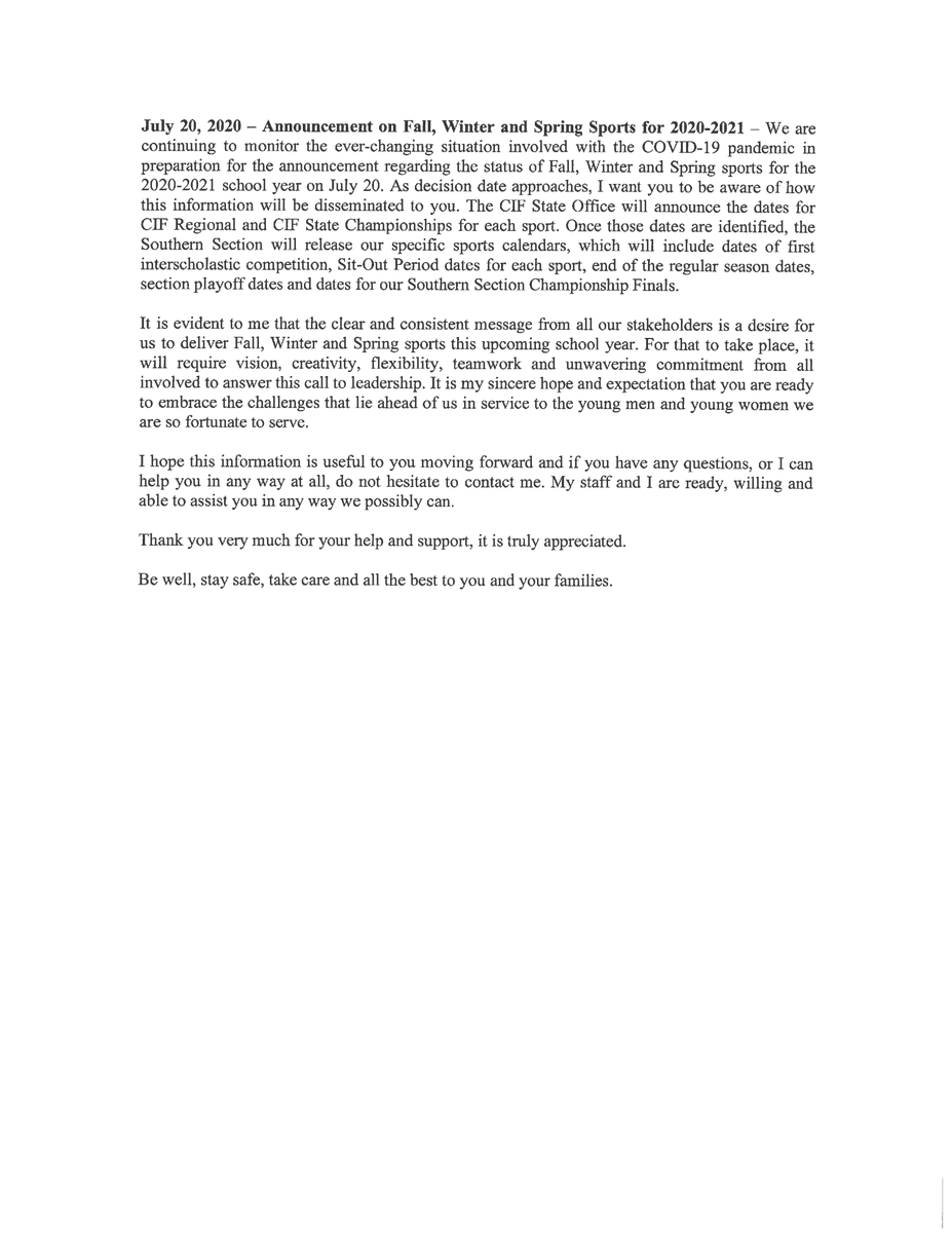CIF Southern Section Update - July 2, 2020