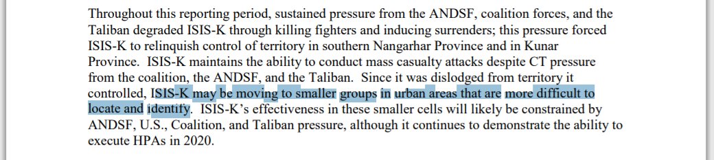 ISKP continues to have capacity to launch sophisticated attacks. Smaller cells have begun dispersing in urban centres. This might indicate increasing ISKP attacks in Kabul and other centres. Significantly, no mention of accommodation between ISKP and Taliban, including Haqqani.