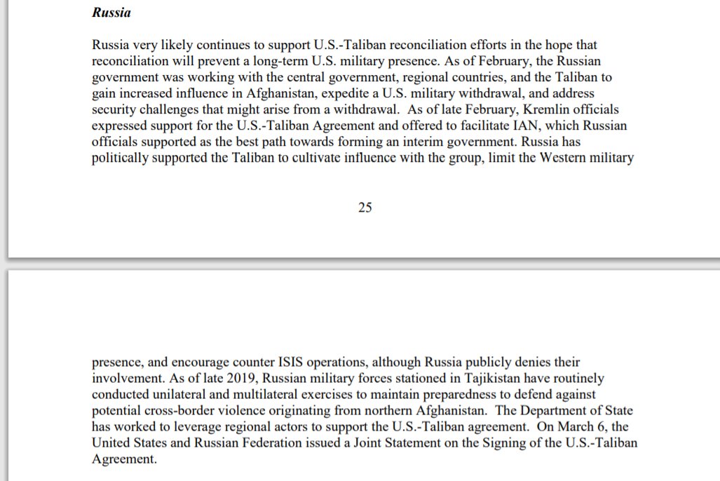 RUSSIA:Report identifies various countries that continue to provide support to the Taliban. Russia is interesting due to the recent bounties claim.