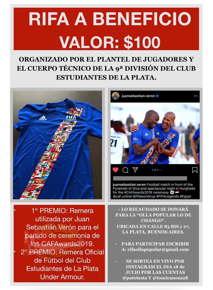 Compartimos con ustedes la rifa ($100) que organiza la 9na división de nuestro club. "Olla popular lo de Chango" 83 bis y 27. Anotarse en rifaollapopular@gmail.com Tmb pueden ayudar acercando ropa de abrigo, frazadas, etc.