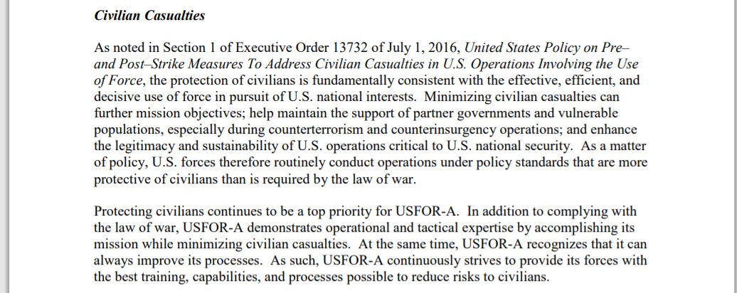 CIVCAS:US completely exonerates itself with regards to CIVCAS. No surprise there. According to each belligerent, they cause virtually none civilian casualties and it is all the others' fault.