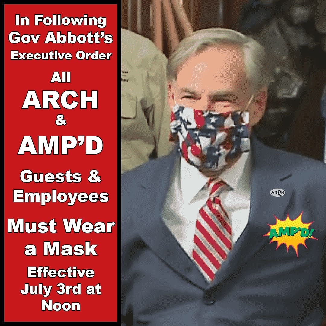 Starting tomorrow July 3rd at noon everyone will be required to wear a mask at #ARCH &amp; <a href="/ampdfun/">AMP'D! Adventure Park</a>. We aren't looking forward to climbing in a mask, but we understand Gov Abbott's Executive Order &amp; want to keep the spread of #Covid contained in Amarillo  #JumpAmarillo #ClimbAmarillo