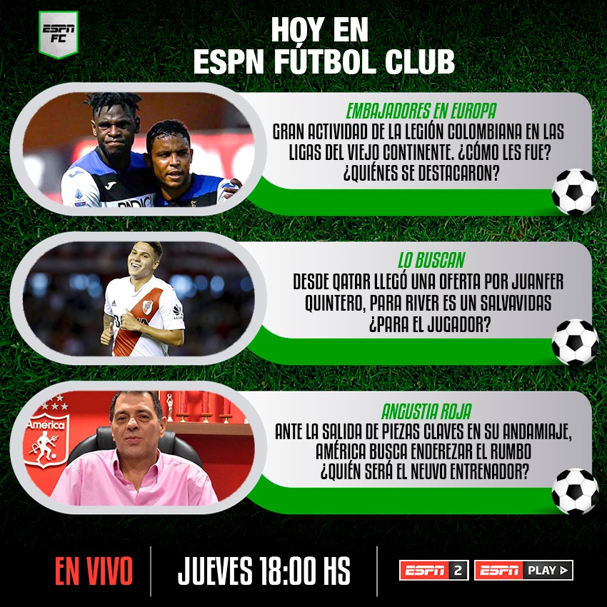 ⏱ A las 6:00 nos vemos en #ESPNFColombia 🔥🔥

Jueves de partidazos y de mucho movimiento en la bolsa de jugadores. Bastante material para un gran programa de dos horas.