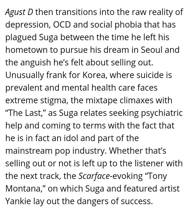 Normailse talking about mental health. Honestly this deserves it's own thread so imma keep it to this article about Agust D, mentioning the taboos the album challenged