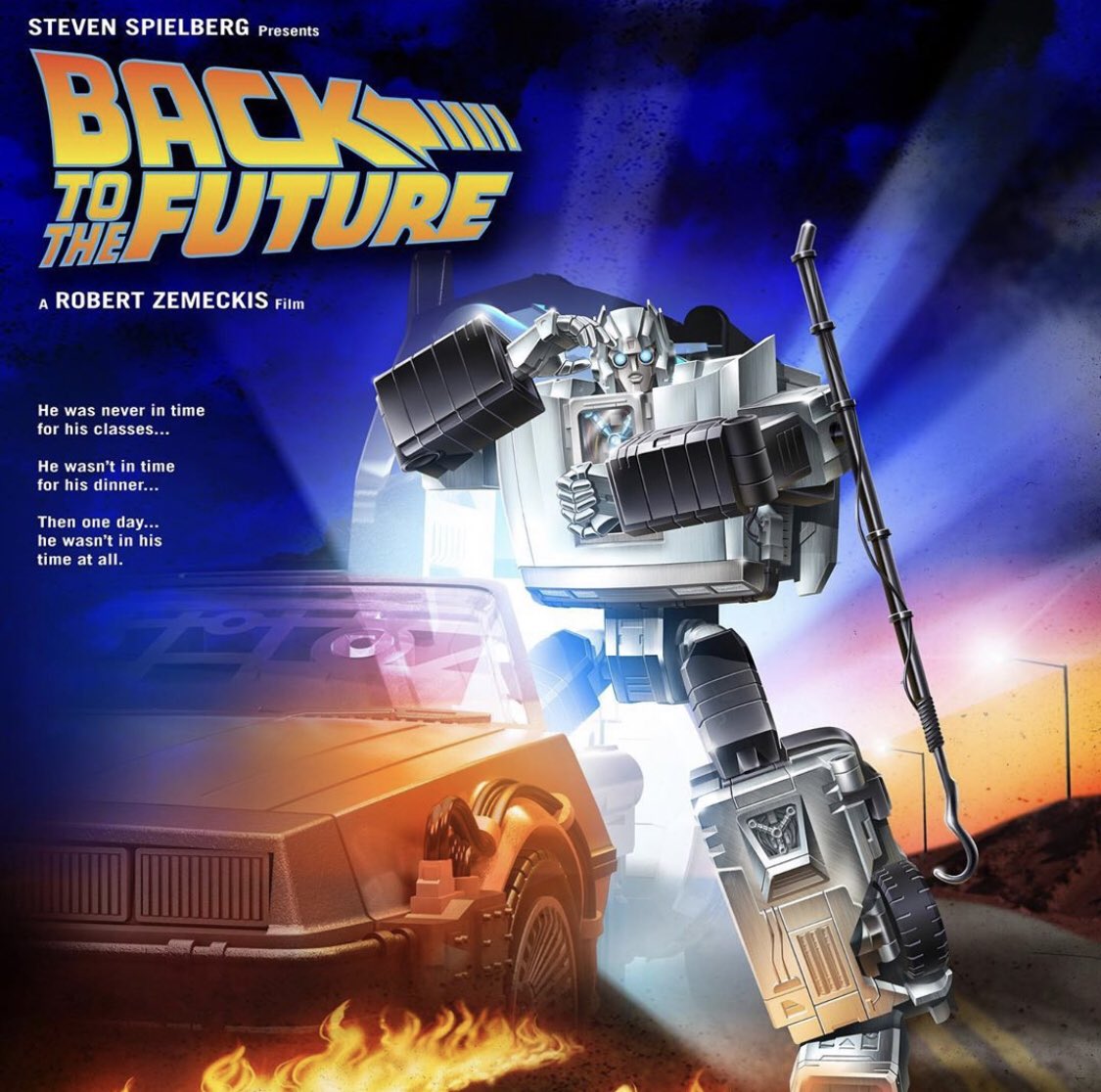 おーもと On Twitter 遂にトランスフォーマー バックトゥザフューチャーが実現 ビークルモードはpart1 2再現可能 デロリアンにデロリアン型tfが乗り込む最高に頭の悪いイラストがgood 笑 米国では10月発売予定 1985個 限定