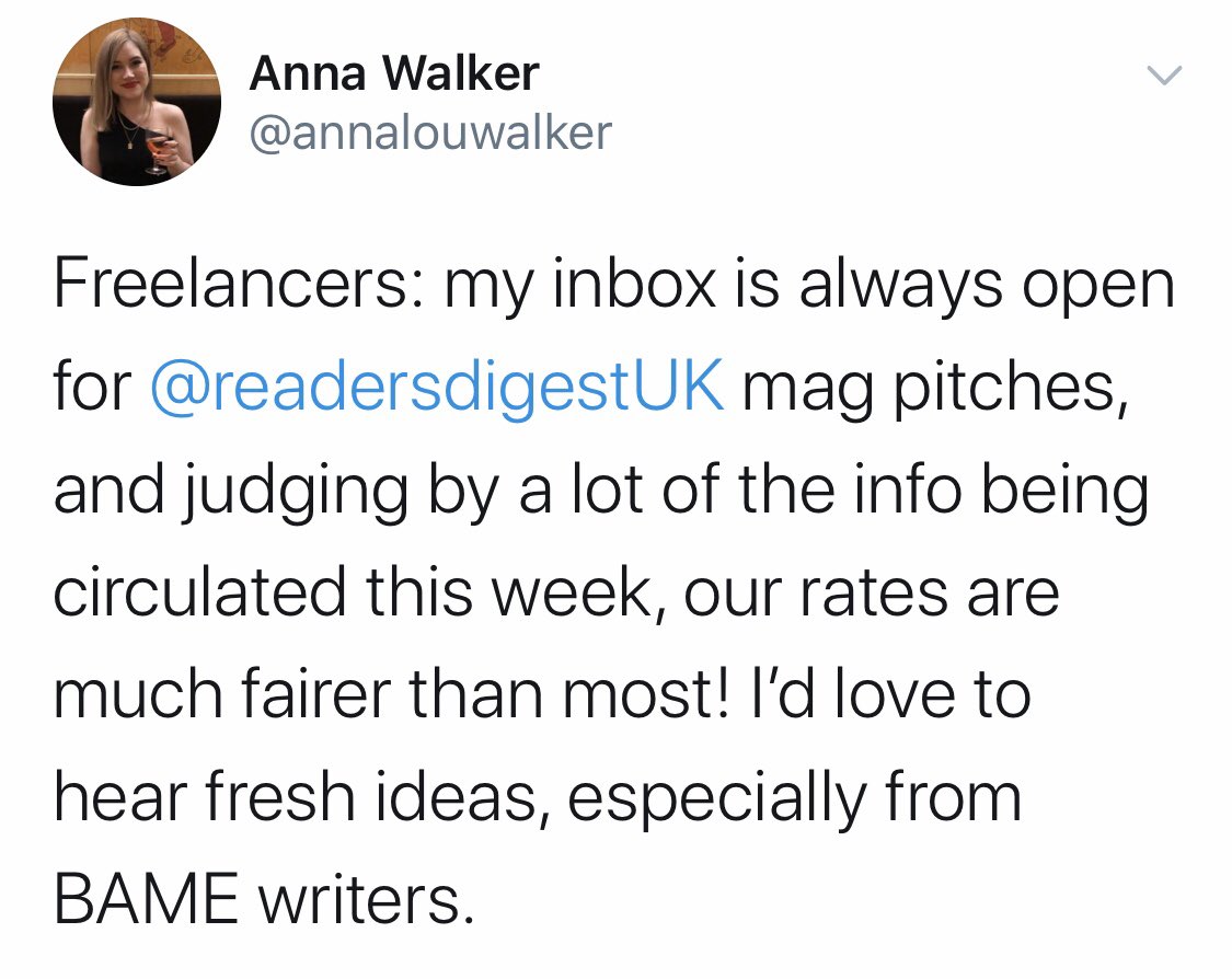 The editor of  @readersdigestUK,  @annalouwalker, has put out a call for pitches and wants to hear from ethnic minority journalists. You can email her at anna.walker@readersdigest.co.uk