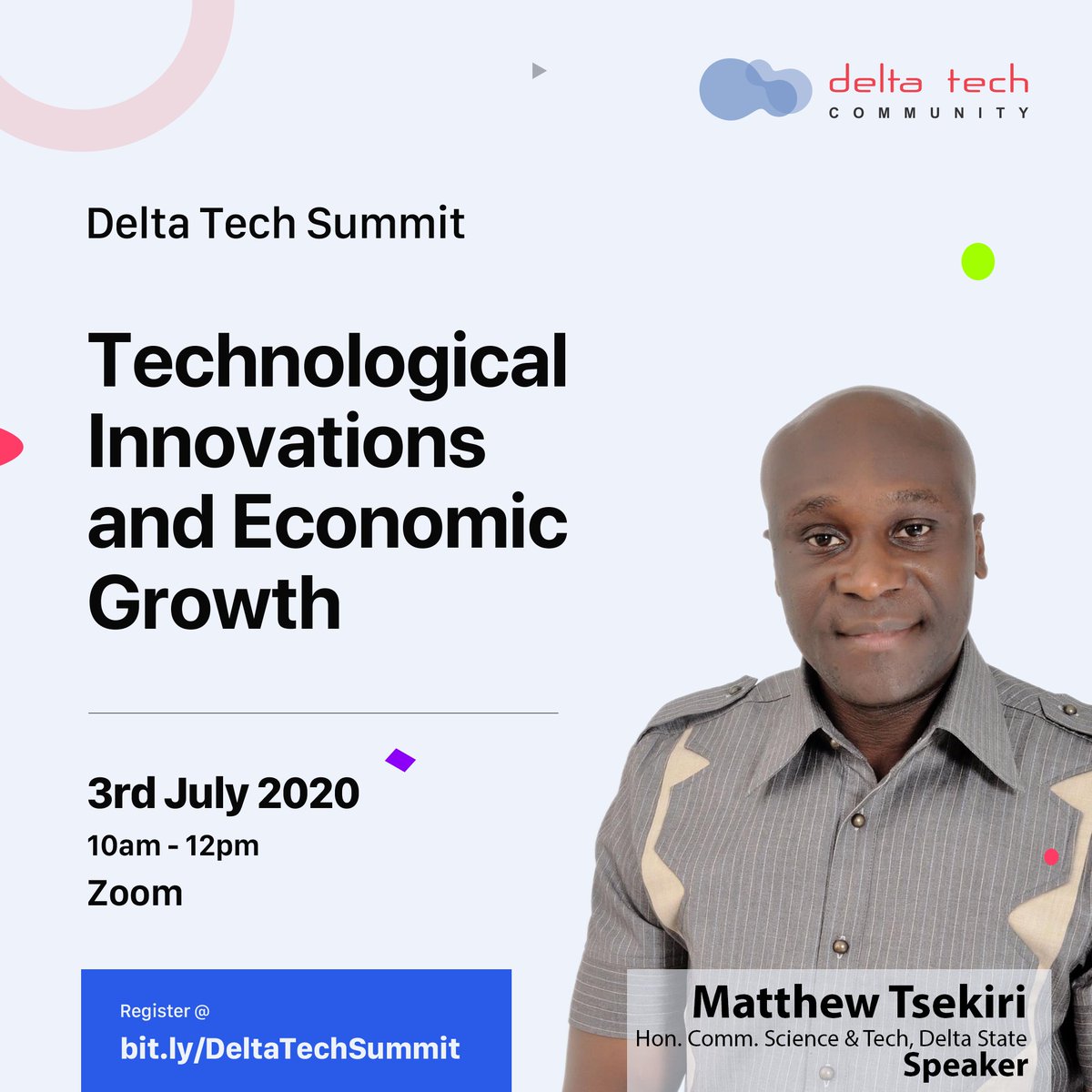 Delta Tech Community (@deltatechcomm) on Twitter photo The #DeltaTechSummit will have a Panel Session that will focus on "Government and the Private Sector's Role in the Development of Tech Ecosystems". The Hon. Commissioner for Science & Tech Delta State, <a href="/MatthewTsekiri/">Matthew O.M. Tsekiri</a> will be speaking on the Panel.
RSVP bit.ly/DeltaTechSummit The #DeltaTechSummit will have a Panel Session that will focus on "Government and the Private Sector's Role in the Development of Tech Ecosystems". The Hon. Commissioner for Science & Tech Delta State, <a href="/MatthewTsekiri/">Matthew O.M. Tsekiri</a> will be speaking on the Panel.
RSVP bit.ly/DeltaTechSummit