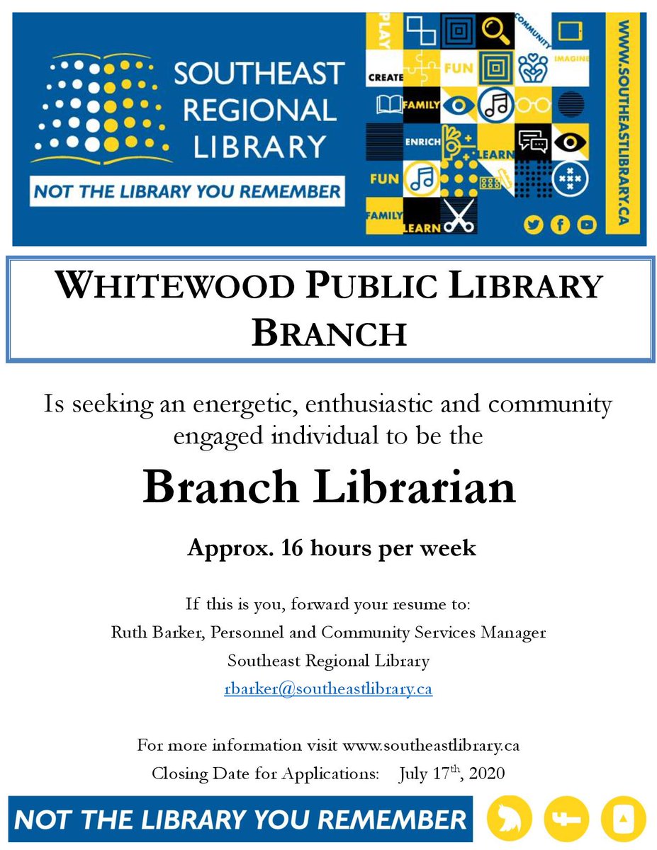 Looking for an opportunity to engage, support, and build community?  A Branch Librarian does exactly this.  Whitewood Public Library is looking for a Branch Librarian.  This could be you!