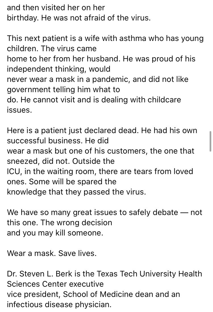 An important message from <a href="/DrBerk/">Steven Berk MD</a>, Infectious Disease physician and Dean of my medical school <a href="/ttuhscmed/">TTUHSC School of Medicine</a> Thank you Dr. Berk! #PleaseWearAMask #COVIDー19 #MedTwitter