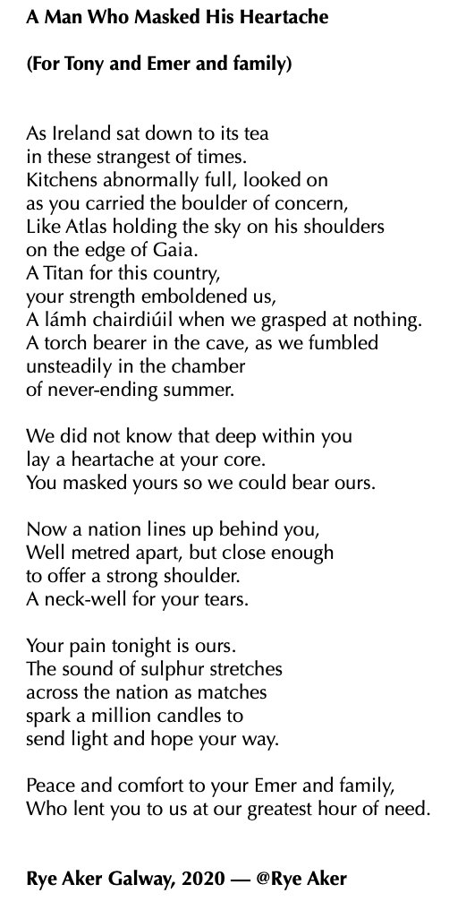 Rye Aker (@ryeaker) on Twitter photo Tonight I pay tribute to the Irishman who has guided us through so much of this crisis, while suffering his own personal pain - A Man Who Masked His Heartache
<a href="/Pendemic_ie/">Pendemic</a> <a href="/galway2020/">Galway 2020</a> <a href="/GalwayCityCo/">Galway City Council</a> <a href="/CTribune/">Connacht/CityTribune</a> <a href="/galwayad/">Galway Advertiser</a> <a href="/gbayfm/">Galway Bay FM</a> <a href="/TG4TV/">TG4</a> <a href="/aosdanaiona/">Aosdàna</a> <a href="/CMOIreland/">Chief Medical Officer</a> <a href="/MichealMartinTD/">Micheál Martin</a> Tonight I pay tribute to the Irishman who has guided us through so much of this crisis, while suffering his own personal pain - A Man Who Masked His Heartache
<a href="/Pendemic_ie/">Pendemic</a> <a href="/galway2020/">Galway 2020</a> <a href="/GalwayCityCo/">Galway City Council</a> <a href="/CTribune/">Connacht/CityTribune</a> <a href="/galwayad/">Galway Advertiser</a> <a href="/gbayfm/">Galway Bay FM</a> <a href="/TG4TV/">TG4</a> <a href="/aosdanaiona/">Aosdàna</a> <a href="/CMOIreland/">Chief Medical Officer</a> <a href="/MichealMartinTD/">Micheál Martin</a>