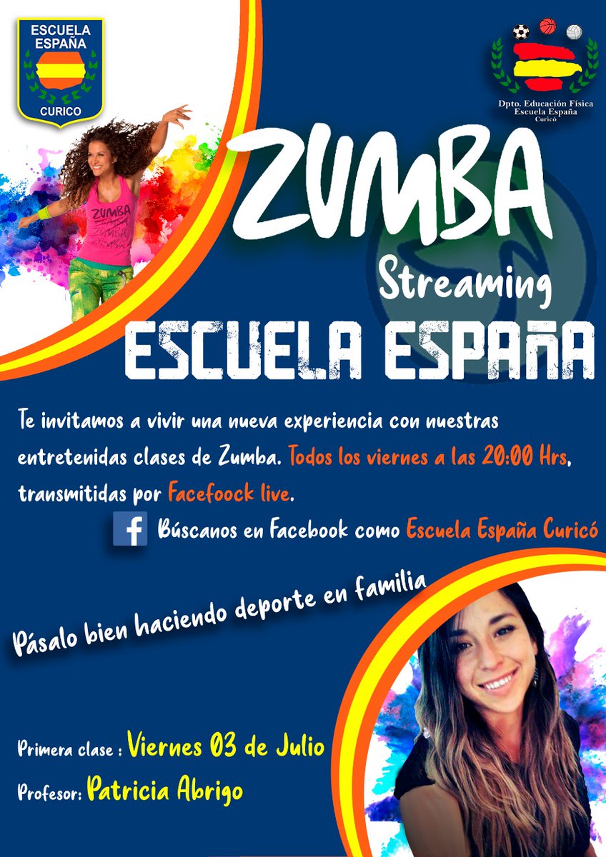 Daemcco's tweet image. La Escuela España de la Red Educativa Municipal, te invita a vivir una nueva experiencia con entretenidas clases de Zumba  todos los viernes a las 20:00 horas transmitidas por Facebook Live, buscalos en Facebook como Escuela España Curicó