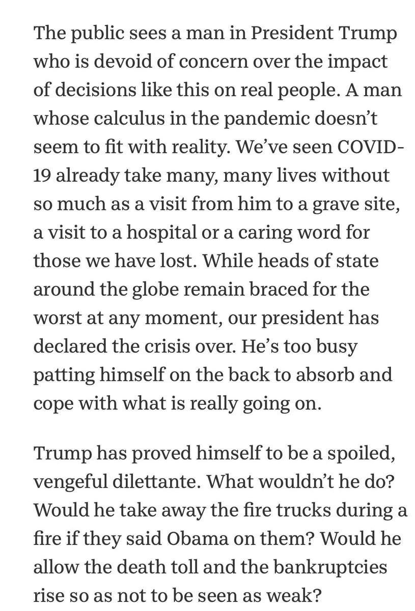 It’s also tempting to focus too much on Trump. His response has been abhorant on a historical level.As I wrote in  @USATODAY yesterday, the President only reluctantly spends time on the pandemic but there are leaders around the world to model. 24/ https://www.usatoday.com/story/opinion/2020/07/01/supreme-court-save-obamacare-reject-trump-republican-argument-column/5349014002/