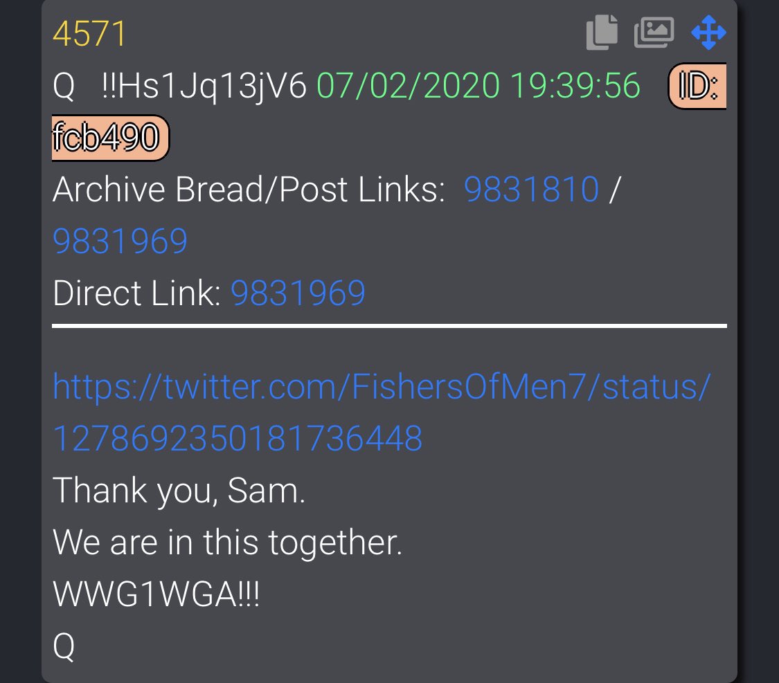 4571   https://twitter.com/FishersOfMen7/status/1278692350181736448Thank you, Sam.We are in this together.WWG1WGA!!!Q