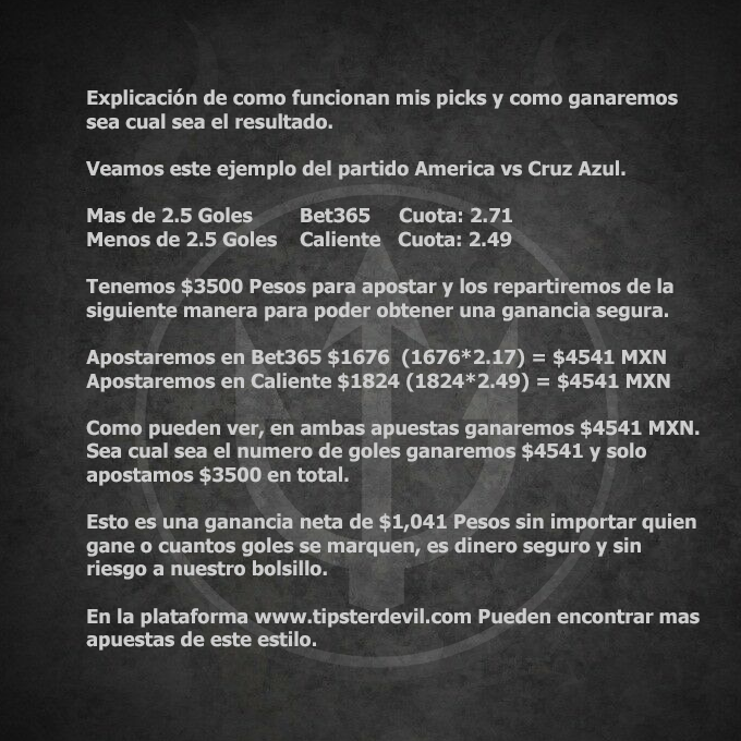 Esto se da gracias a el movimiento de lineas que cada casa de apuestas tiene antes de empezar un partido.

Mi algoritmo monitorea 24 Horas las lineas de mas de 15 casas de apuestas en busca de combinaciones que nos den ganancia segura.

Entra a tipsterdevil.com 💰