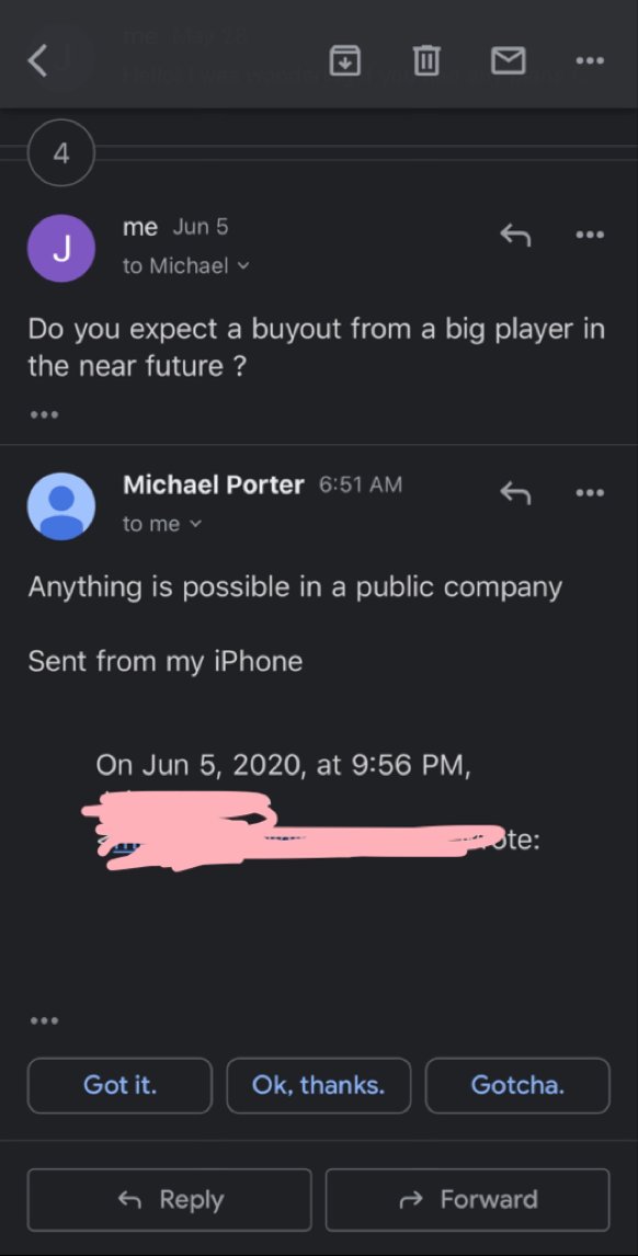 Prior to this announcement, Andy and IR dept was very very out spoken about having patience, etc. I've included a few IR responses here: You can see, something BIG was happening.