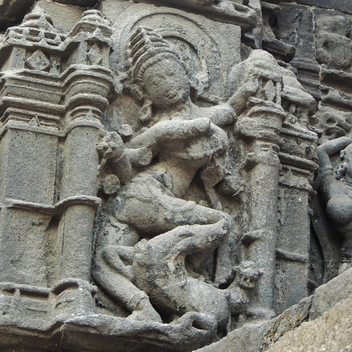 अं for अंबरनाथ शिवालय/ Ambernath Shiva Temple. Mahishasuramardini. This gorgeous image of the goddess slaying the buffalo demon mirrors the stance of Gajasamharamurti, her body twisted a 180 degrees.  #AksharArt  #ArtByTheLetter (8/10)