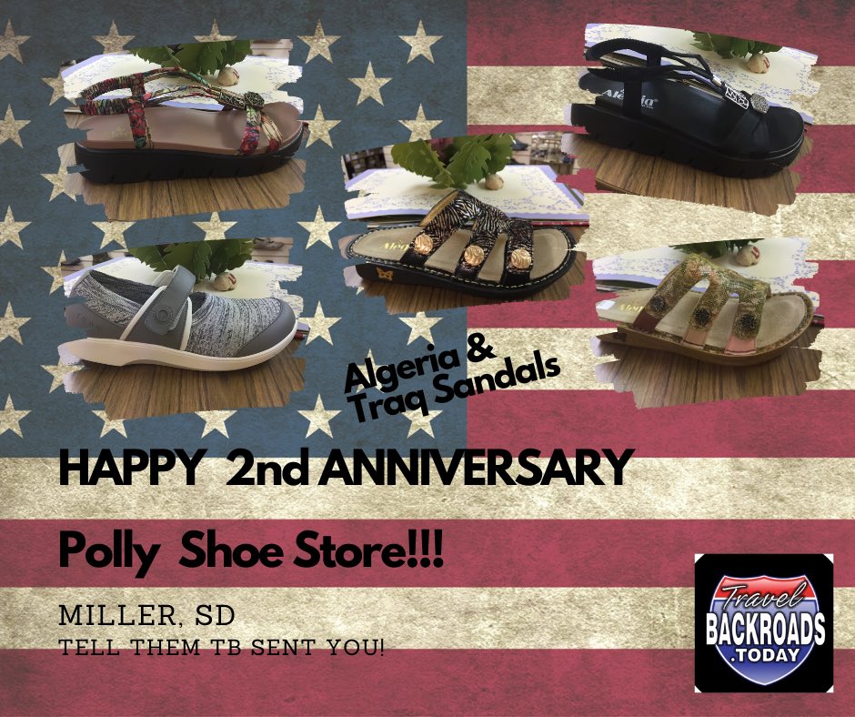 Traveling? Drive up 45 from the Interstate 90, or take Highway 14 and STOP, don’t zoom by @pollyshoestore  Theyll be celebrating tomorrow too! #pollyshoestore #travelbackroadstoday #justaphonecallaway📣