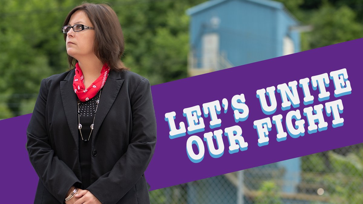 Photo of Democratic Nominee for US Senate Paula Jean Swearengin in a black blazer and a red bandana. Text reads: "Let's Unite Our Fight"