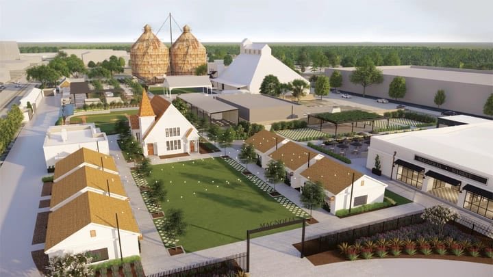 The shopping center, which is undergoing a $10mm construction project, features two grain silos-turned-12k showroom, with a church, baseball stadium, and 6 more retail shops on the way.It looks straight out of Big Fish.