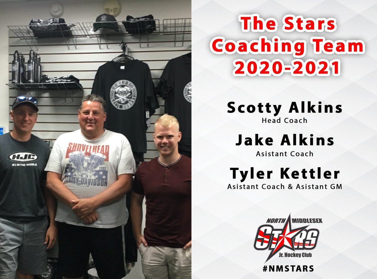 NMStarsHockey's tweet photo. We are excited to announce our 2020-2021 coaching team!  Scotty Alkins will be returning as head coach. Jake Alkins and Tyler Kettler will be our assistant coaches with Tyler also serving as Assistant GM. 

#nmstars https://t.co/94GeykPU1j