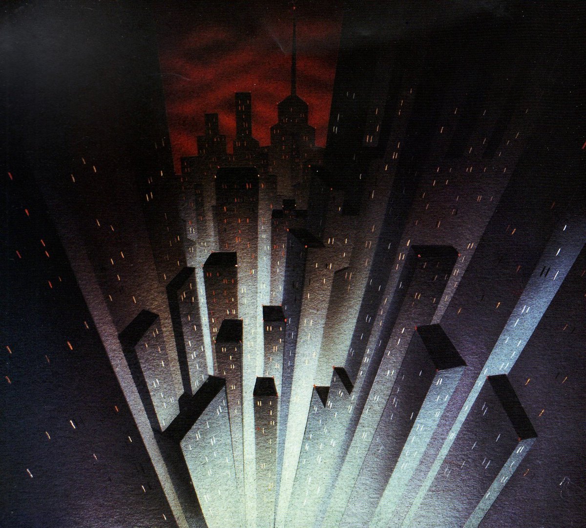 Gotham City by Eric Radomski.

Background art for the original test short "The Dark Knight's first night"
(Batman: TAS Pilot) 1990