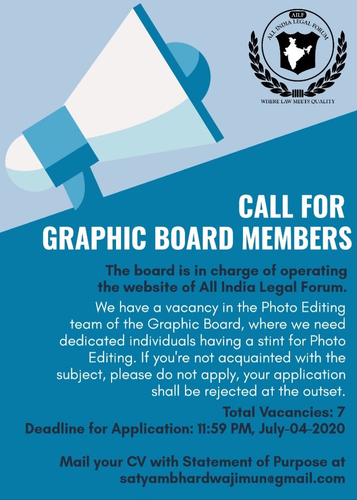 AILF_2020's tweet photo. Call for Graphic Board Members!
For more info follow our Website- https://t.co/QrcUsVmCX5
#AILF #LAW #UNBANPUBG #thursdayvibes #QOCFinal #fridaymorning #COVIDー19 #LawAndOrder @UPES_SoL @NLUOCuttack
@VaishLaw #LFC @CouncilRgnul https://t.co/atP4Vy3OoE