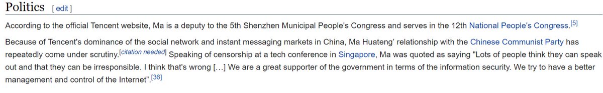 Next this I did on Wikipedia was check out the owners of Tencent.Unsurprisingly, out came the name of Shri Ma Huateng.Who's he, you asked?Well, he has a wikipedia page too!He's a member of the Chinese Communist Party .. a V.E.R.Y SENIOR member at that - part of 12th Congress!