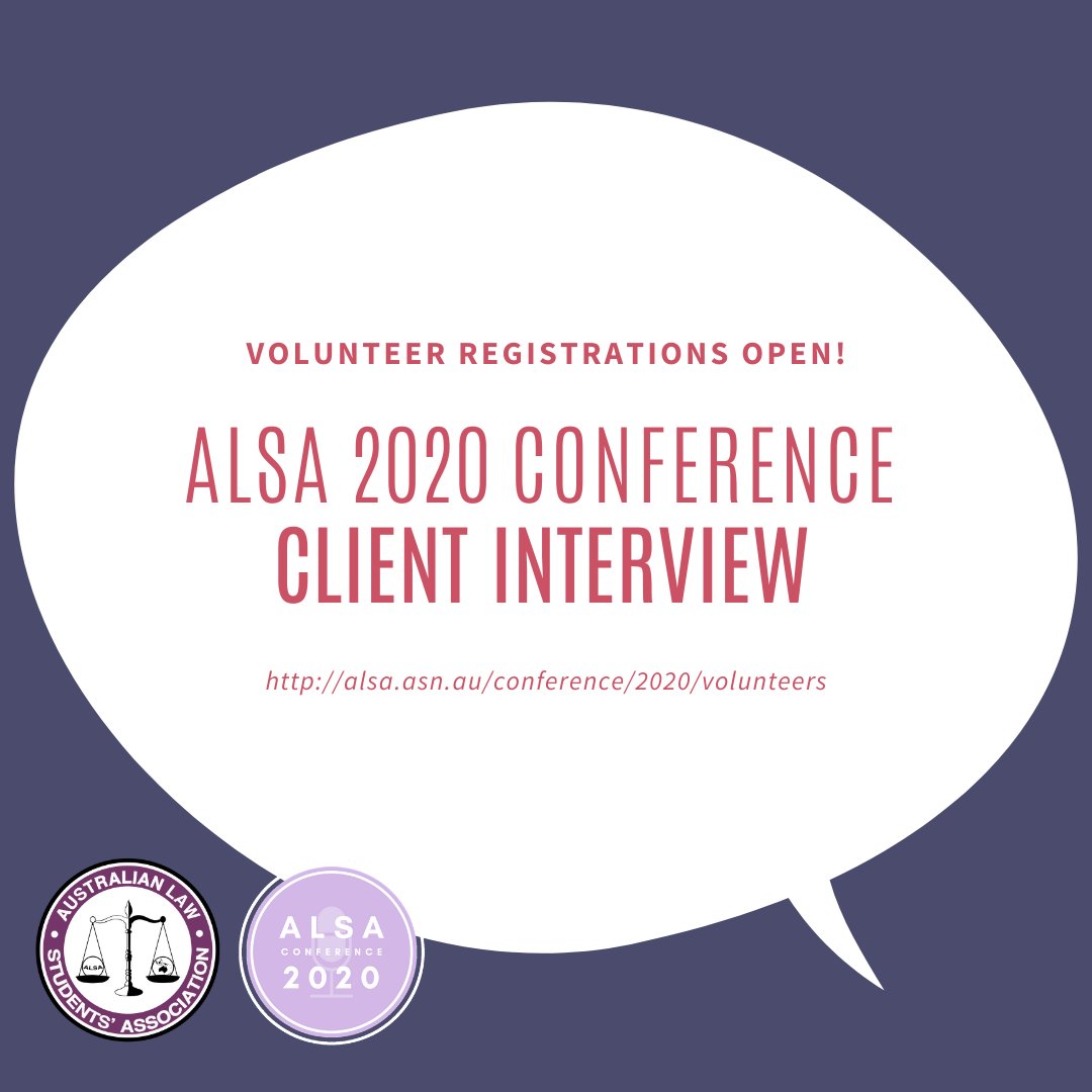 📣 ALSA is currently looking for students to volunteer as clients in the Client Interviewing Competition, which brings together teams of law students from across Australia as they compete for the title of Australian Champion!

alsa.asn.au/conference/202…