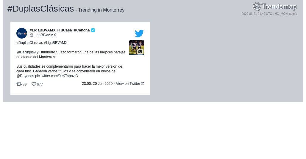 #duplasclásicas es ahora una tendencia en #Monterrey

trendsmap.com/r/MX_MON_sajcfp