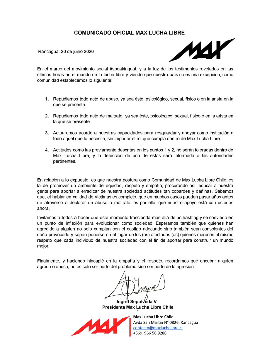 Ante los acontecimientos ocurridos queremos comunicar lo siguiente...
 #speakingout #Chile #Rancagua