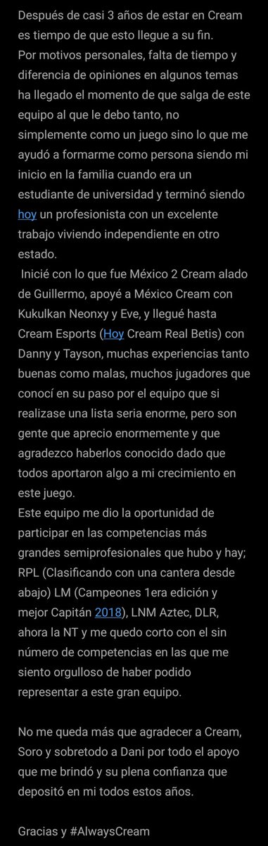 Hoy llega el momento de salir de @CreamRealBetis. No tengo palabras para agradecer a @IchidanGG y <a href="/supersoro/">Diego Soro</a> por todo el apoyo que me brindaron todo este tiempo, saben que siempre seré Cream de corazón.