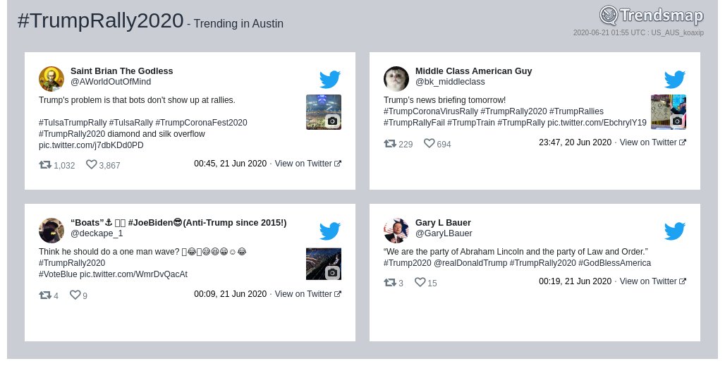 #trumprally2020 is now trending in #Austin

trendsmap.com/r/US_AUS_koaxip