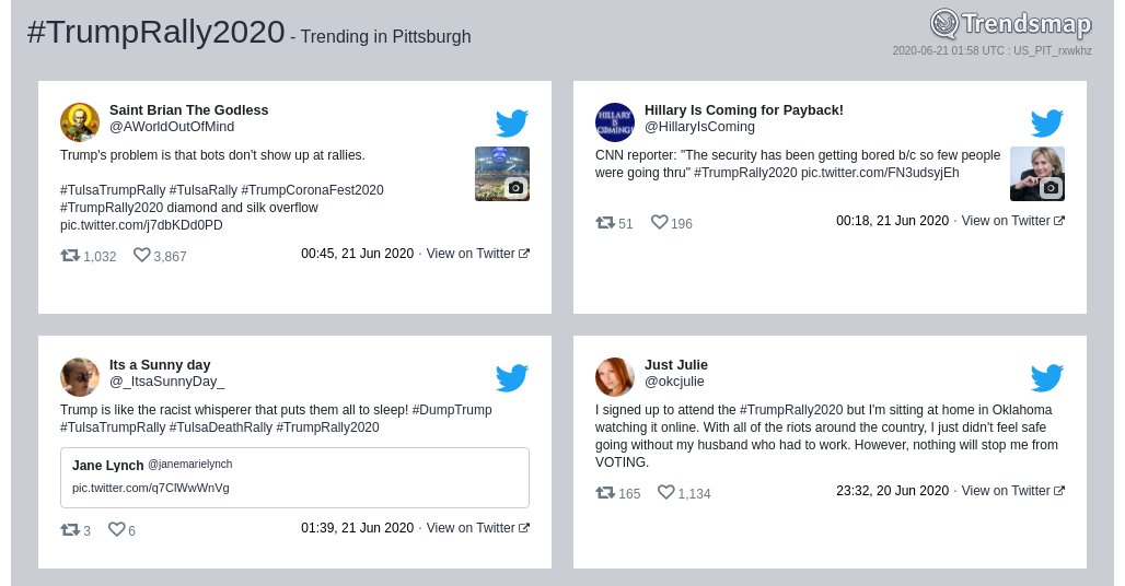 TrendsPGH's tweet photo. #trumprally2020 is now trending in #Pittsburgh

https://t.co/Uwb0XaRTWV https://t.co/wzwGH76I6Z